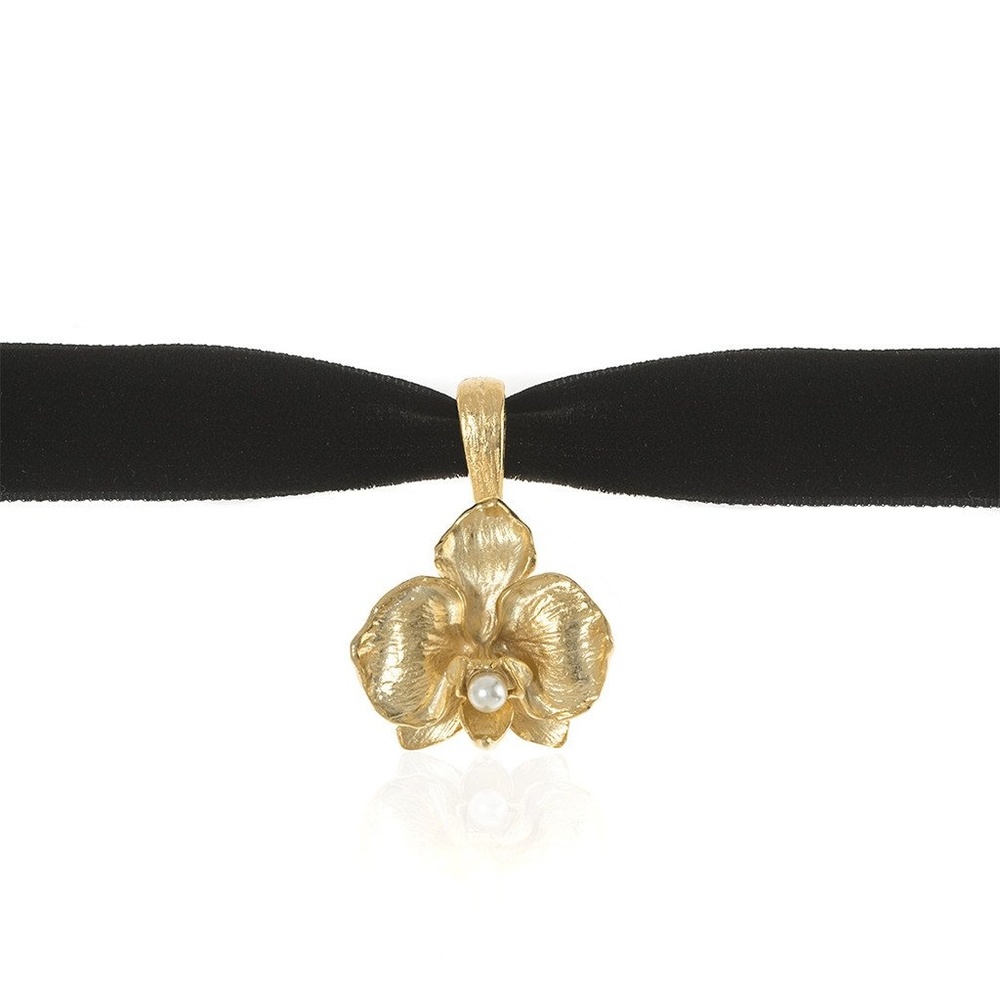 Erwin Pearl Gold Orchid Choker - velvet w pearl
